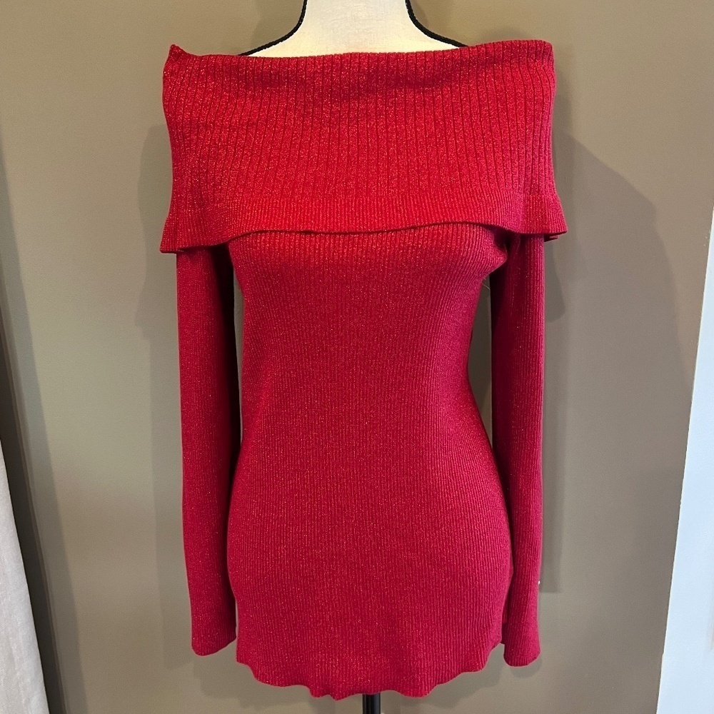 89th & Madison Women's Cowl Long Sleeve Pullover Red Metallic, Size XL